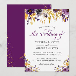 Purple Gold Floral Wedding Invitation