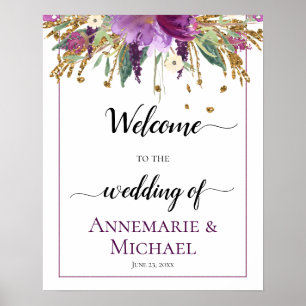 Purple Gold Floral Welcome To The Wedding Of Sign