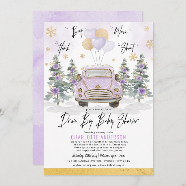 Purple Gold Floral Winter Drive By Baby Shower Invitation (Front/Back)