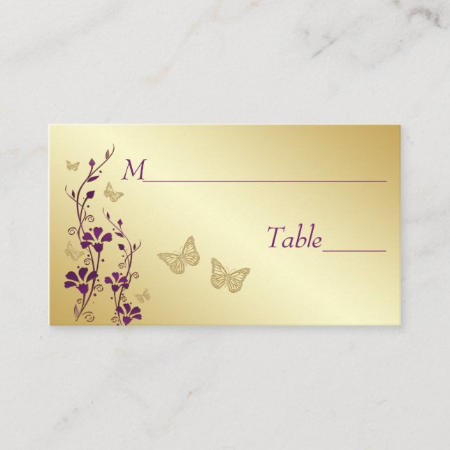 Purple, Gold Floral with Butterflies Place Cards (Front)