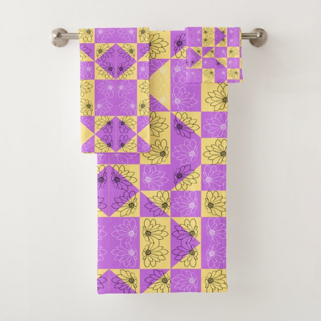 Purple gold Flower seamless Checkerboard pattern Bath Towel Set (Insitu)
