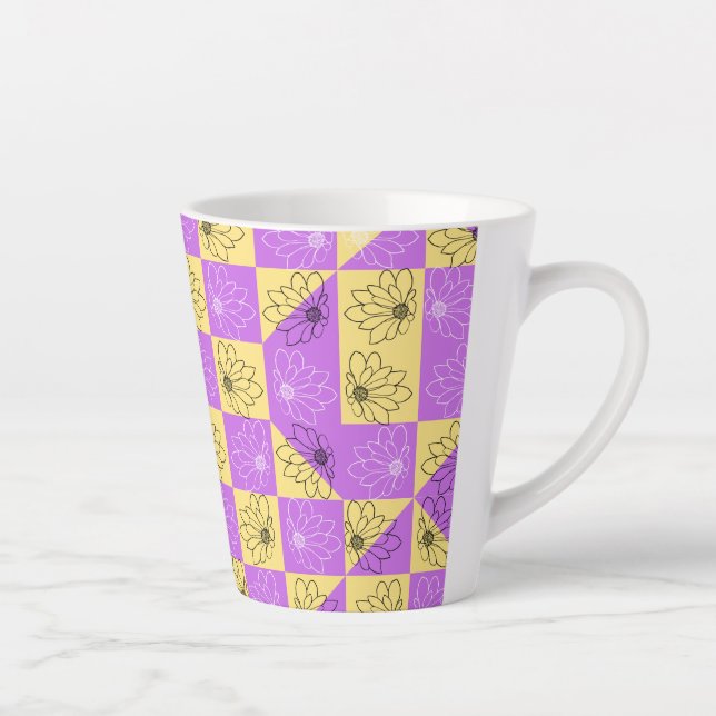Purple gold Flower seamless Checkerboard pattern Latte Mug (Right)