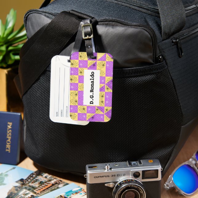 Purple gold Flower seamless Checkerboard pattern Luggage Tag (Front & Back)