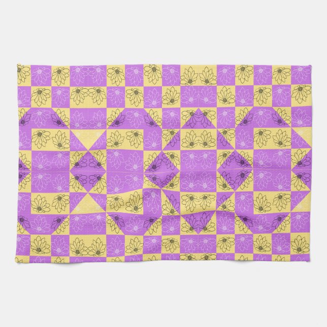 Purple gold Flower seamless Checkerboard pattern Tea Towel (Horizontal)