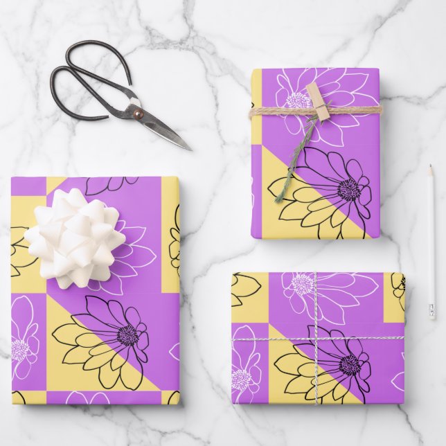 Purple gold Flower seamless Checkerboard pattern Wrapping Paper Sheet (Front)