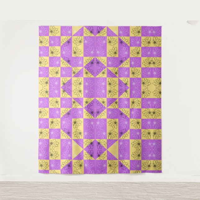 Purple gold Flower seamless Chequerboard pattern Tapestry (Front)