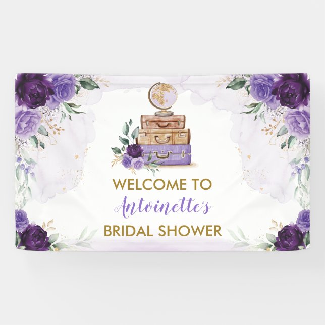 Purple Gold Flower Travel Bridal Shower Welcome Banner (Horizontal)