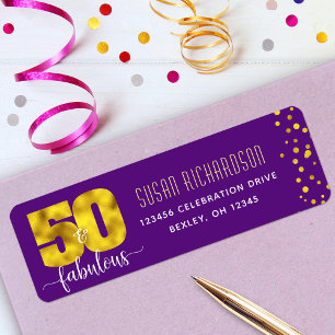 Purple gold foil 50 and fabulous return address label