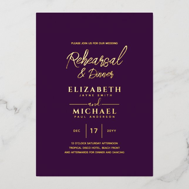 Purple Gold Foil Wedding Rehearsal and Dinner (Front)