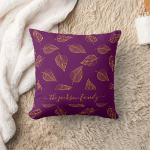 Purple gold foliage family name cushion