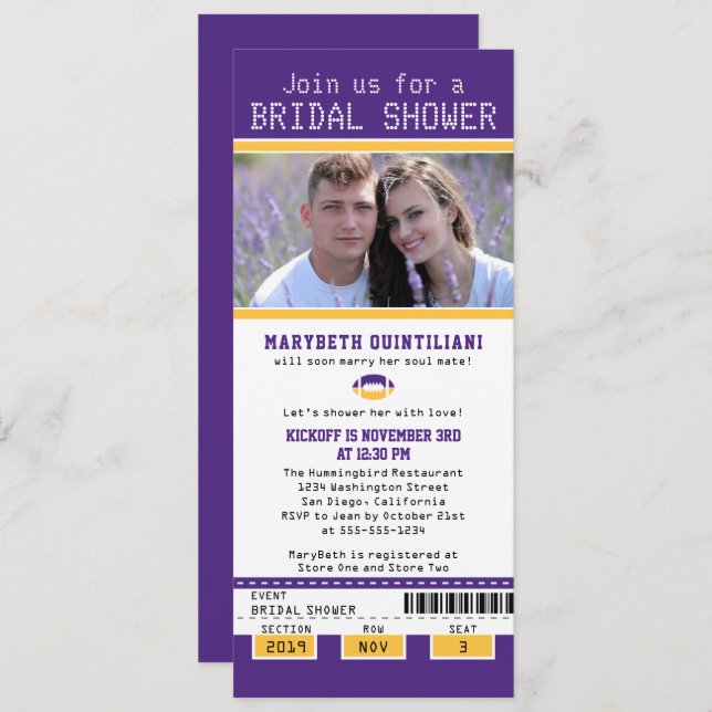 Purple Gold Football Ticket Bridal Shower Invitation (Front/Back)