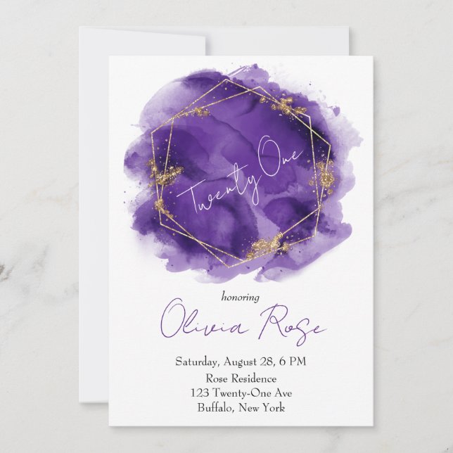 Purple Gold Geometric Chic 21st Birthday Party Invitation (Front)