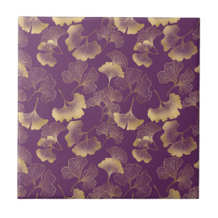 Purple Gold Ginkgo Art Deco Leaf Pattern Ceramic Tile