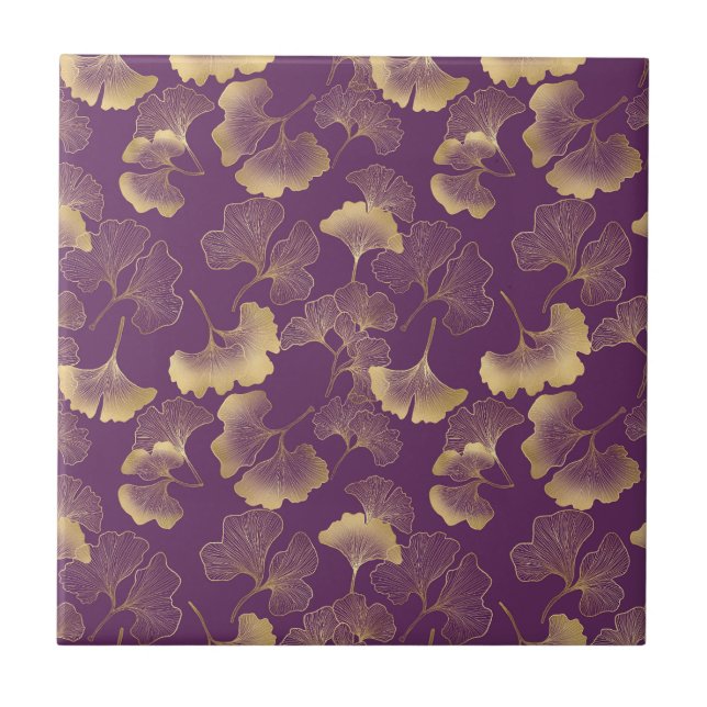Purple Gold Ginkgo Art Deco Leaf Pattern Ceramic Tile (Front)