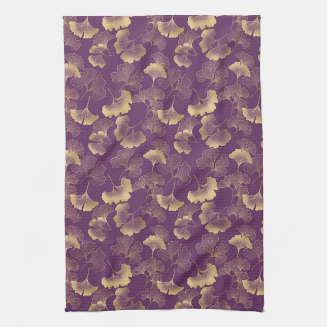 Purple Gold Ginkgo Art Deco Leaf Pattern Tea Towel (Vertical)