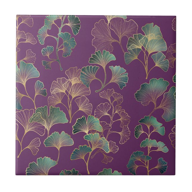 Purple Gold Ginkgo Japanese Botanical Pattern Ceramic Tile (Front)