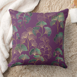 Purple Gold Ginkgo Japanese Botanical Pattern Cushion
