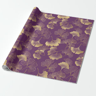 Purple Gold Ginkgo Leaves Elegant Botanical Wrapping Paper
