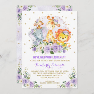 Purple Gold Girl Jungle Safari Baby Shower Invitation