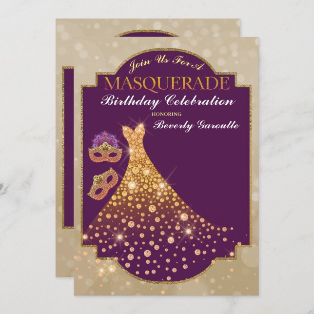 Purple Gold Glam Birthday Masquerade Invitation (Front/Back)
