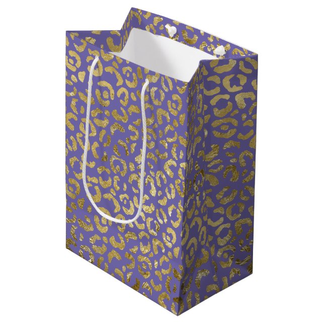 Purple Gold Glam Leopard Print Medium Gift Bag (Front Angled)