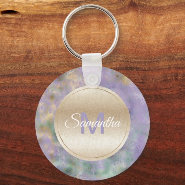 Purple Gold Glam Teal Abstract Monogram Key Ring (Front)