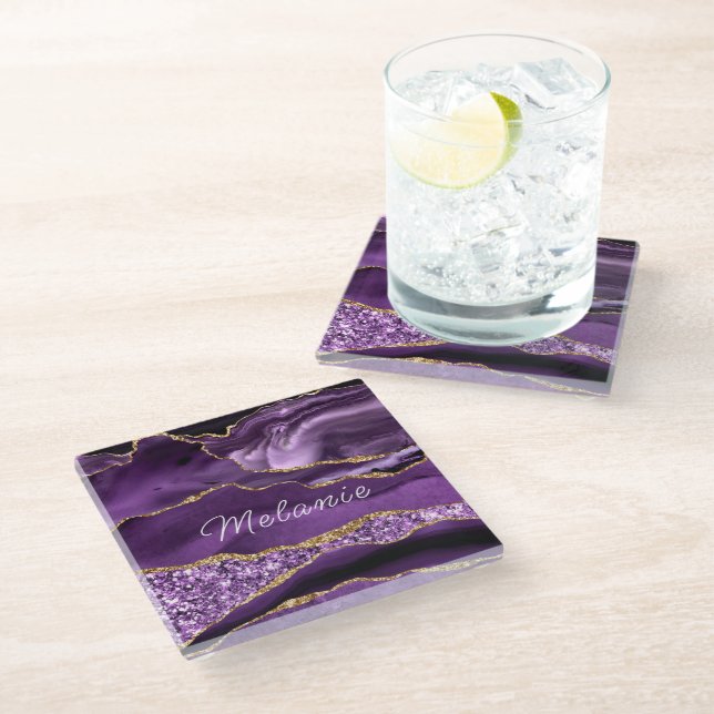 Purple Gold Glass Coaster Gift Personalised Name (Angled)