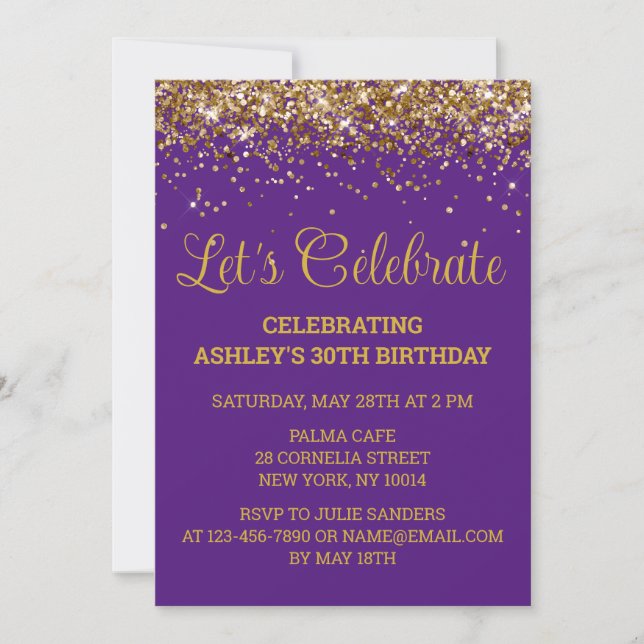 Purple Gold Glitter 30th Birthday Let's Celebrate Invitation (Front)