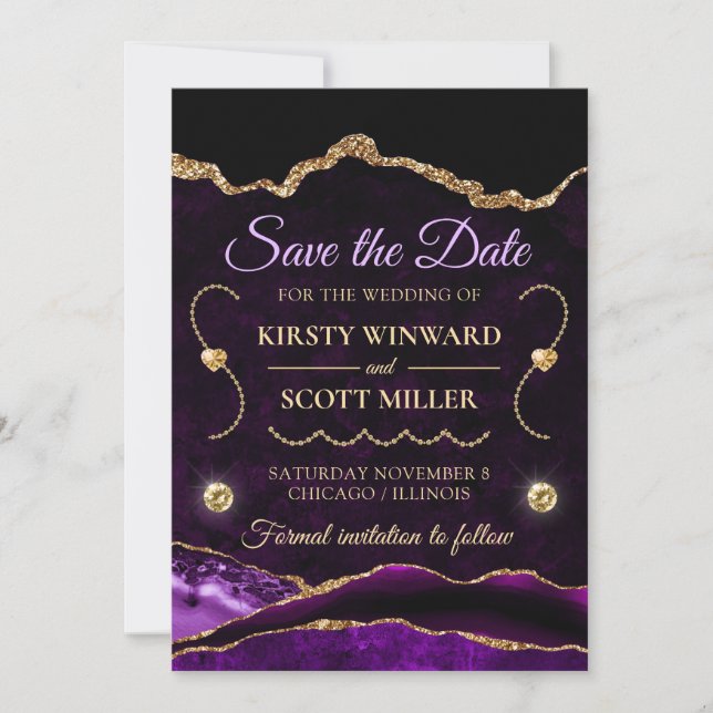 Purple Gold Glitter Agate and marble Save the Date Invitation (Front)