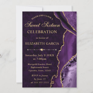Purple & Gold Glitter Agate and marble Sweet 16 Invitation
