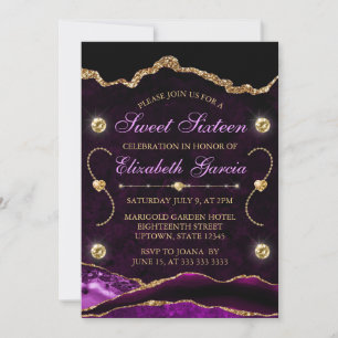 Purple & Gold Glitter Agate and marble Sweet 16 Invitation