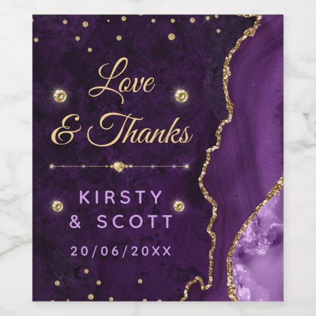 Purple & Gold Glitter Agate and marble Wedding Wine Label (Single Label)