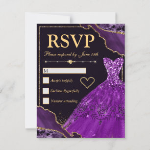 Purple & Gold Glitter Agate & Dress Sweet Sixteen RSVP Card