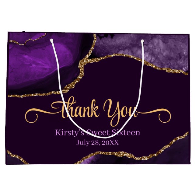 Purple & Gold Glitter Agate Sweet 16 Thank You Large Gift Bag (Back)