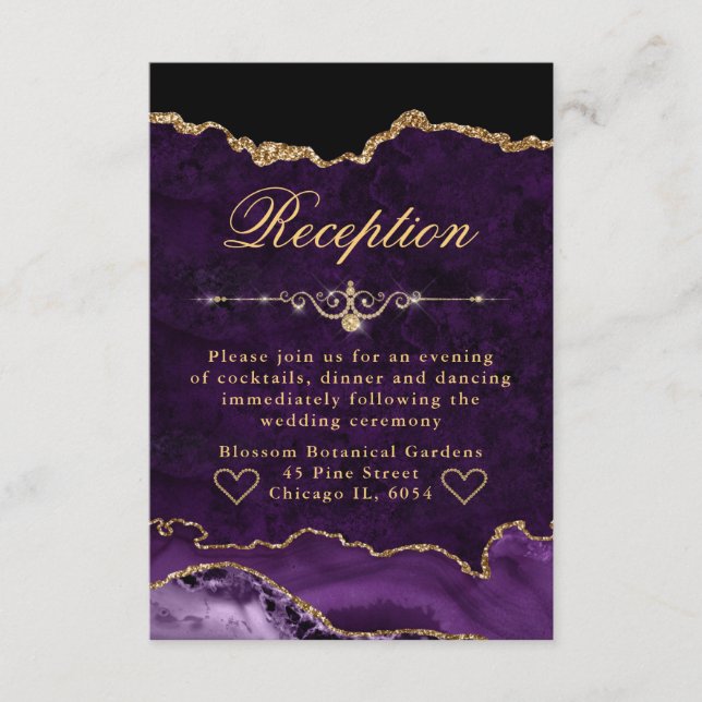 Purple & Gold Glitter Agate Wedding Reception Enclosure Card (Front)