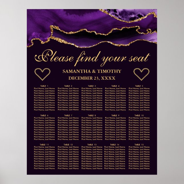 Purple Gold Glitter Agate Wedding Seating Chart (Front)