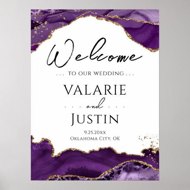 Purple Gold Glitter Agate Wedding Welcome Sign (Front)
