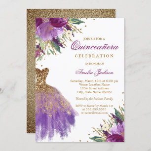 Purple Gold Glitter Amethyst Dress Quinceanera Invitation