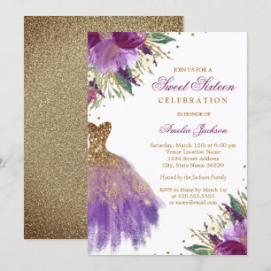 Purple Gold Glitter Amethyst Dress Sweet Sixteen Invitation