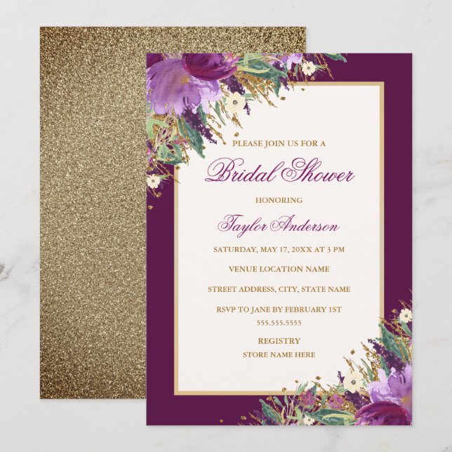Purple Gold Glitter Amethyst Floral Bridal Shower Invitation (Front/Back)