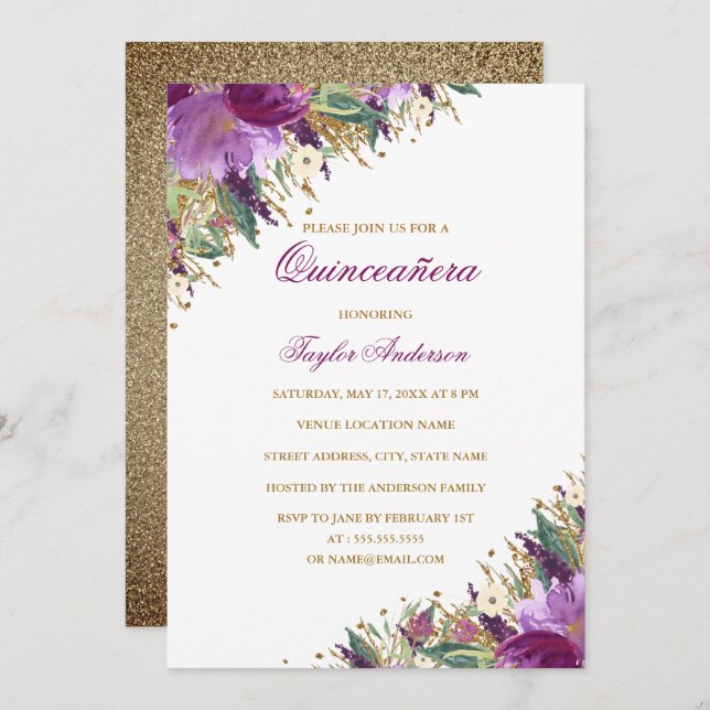 Purple Gold Glitter Amethyst Floral Quinceanera Invitation (Front/Back)