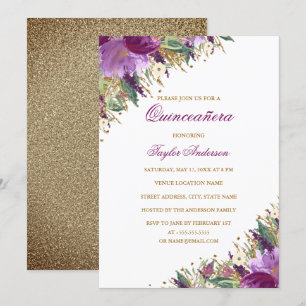 Purple Gold Glitter Amethyst Floral Quinceanera Invitation