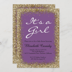 Purple & Gold Glitter Baby Girl Shower Invitation