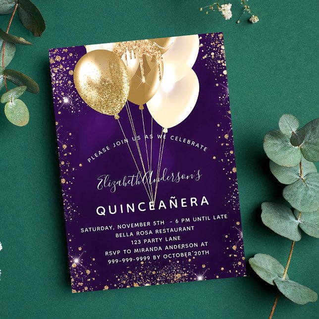 Purple gold glitter balloons Quinceanera Invitation (Creator Uploaded)