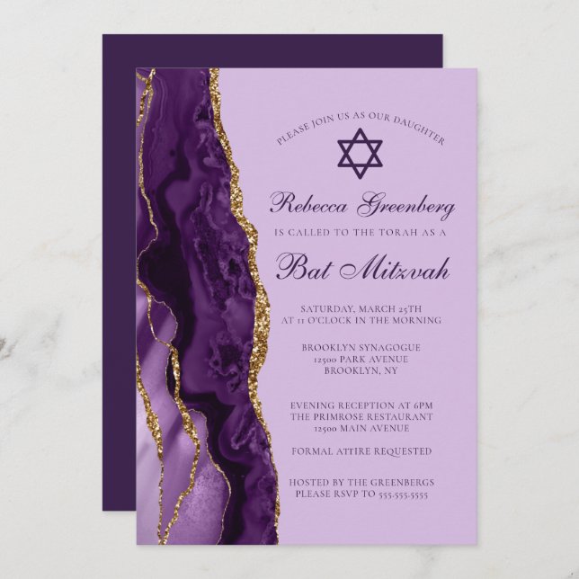 Purple Gold Glitter Bat Mitzvah Party Invitation (Front/Back)