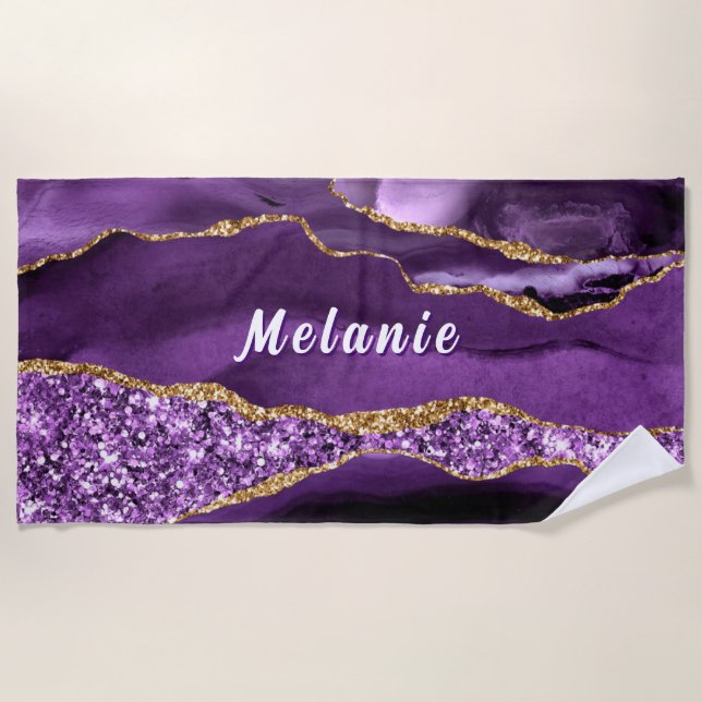 Purple Gold Glitter Beach Towel Personalised Name (Front)