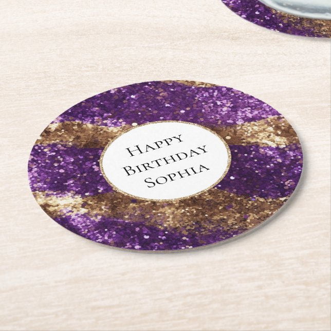 Purple Gold Glitter Birthday Round Paper Coaster (Angled)