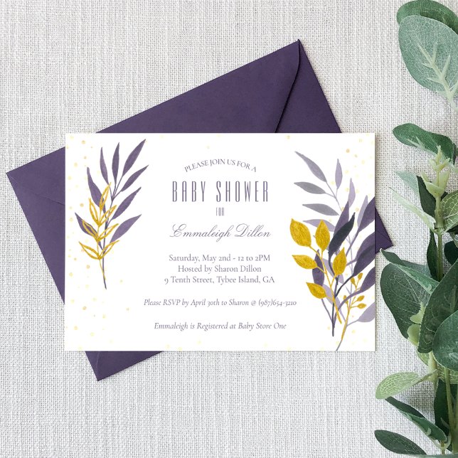 Purple Gold Glitter Botanical Baby Shower Invitation (Creator Uploaded)