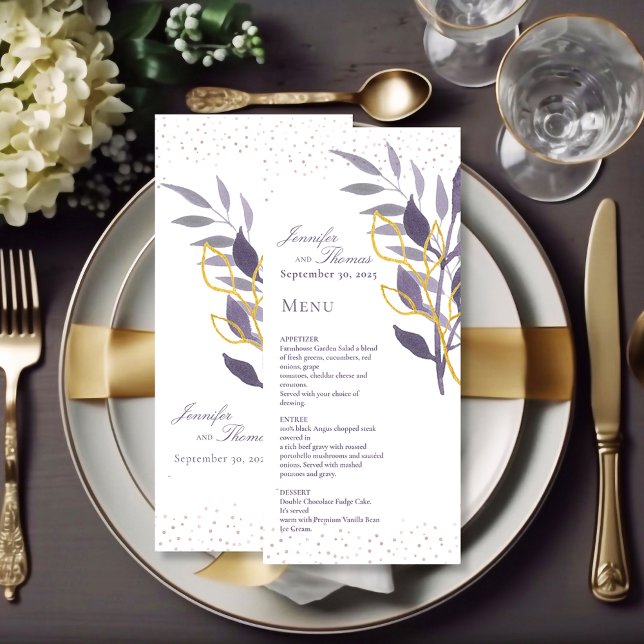 Purple Gold Glitter Botanical Wedding Menu (Creator Uploaded)