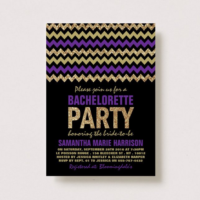 Purple & Gold Glitter Chevron Bachelorette Party Invitation (Creator Uploaded)